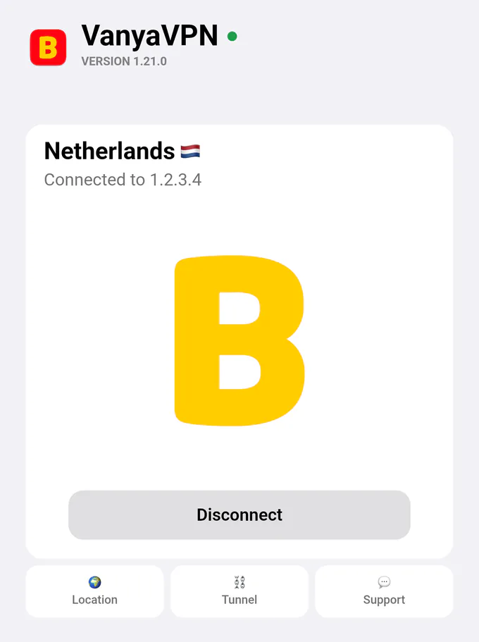 App main screen on Android: VPN connected, location Netherlands