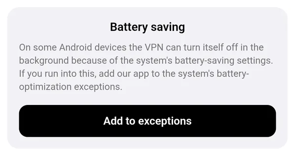 App settings on Android: the Battery saving block with an Add to exceptions button