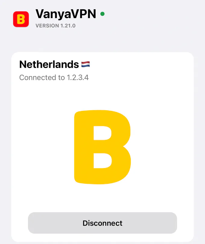 VanyaVPN on an iPhone, connected to the Netherlands