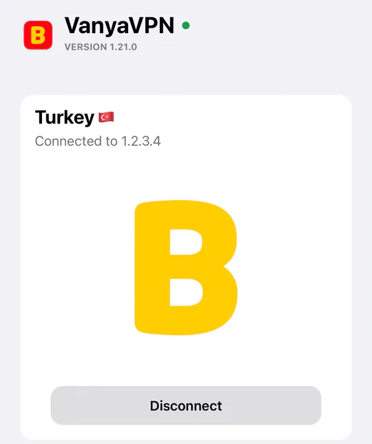 App main screen: VPN connected, location Turkey
