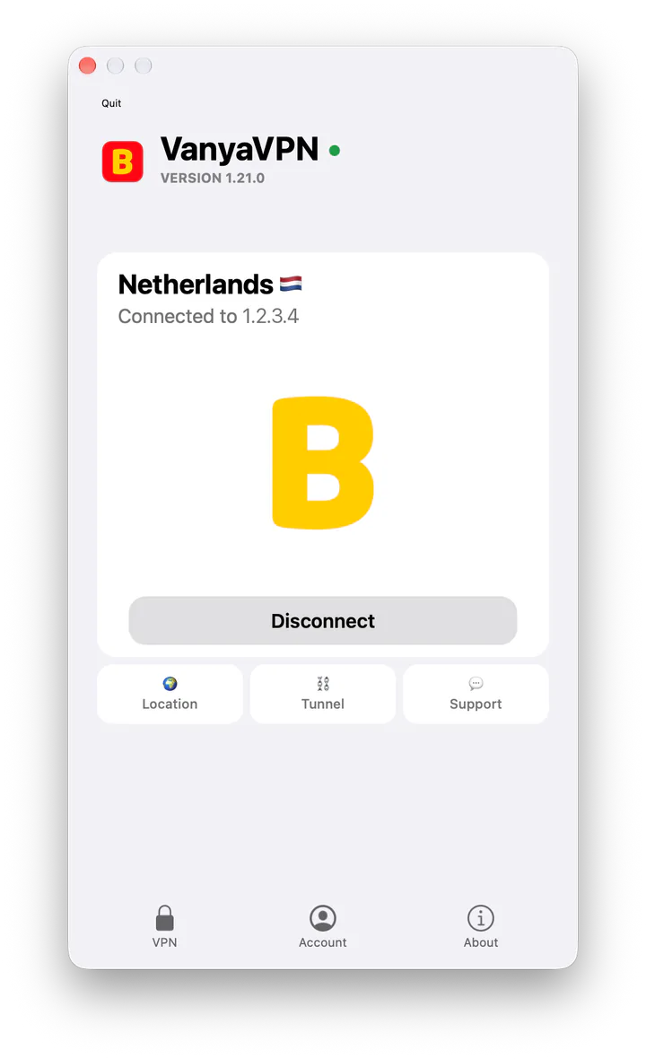 VanyaVPN window on a Mac, connected to the Netherlands