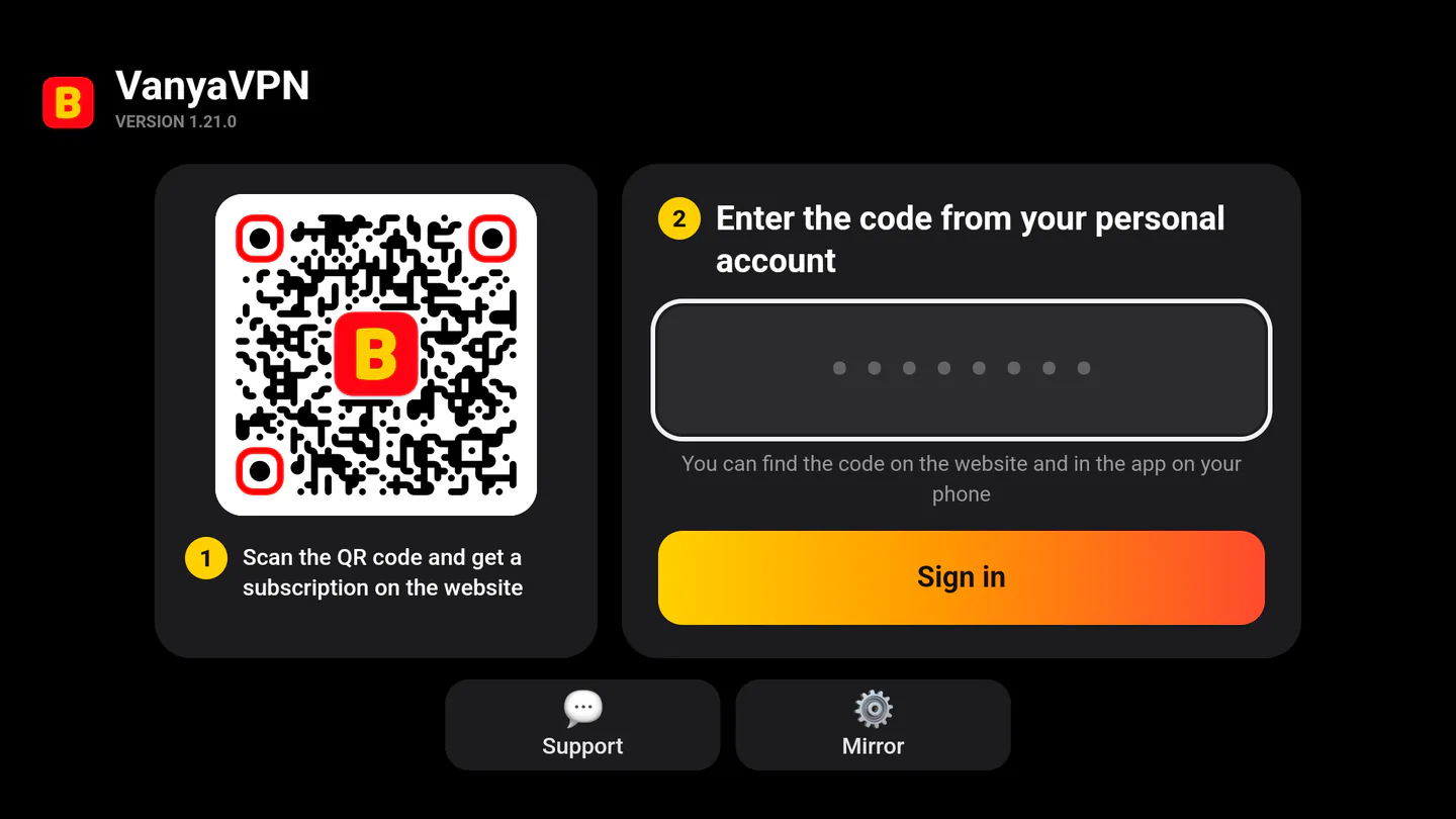The sign-in screen of the Android TV app with a field for the code