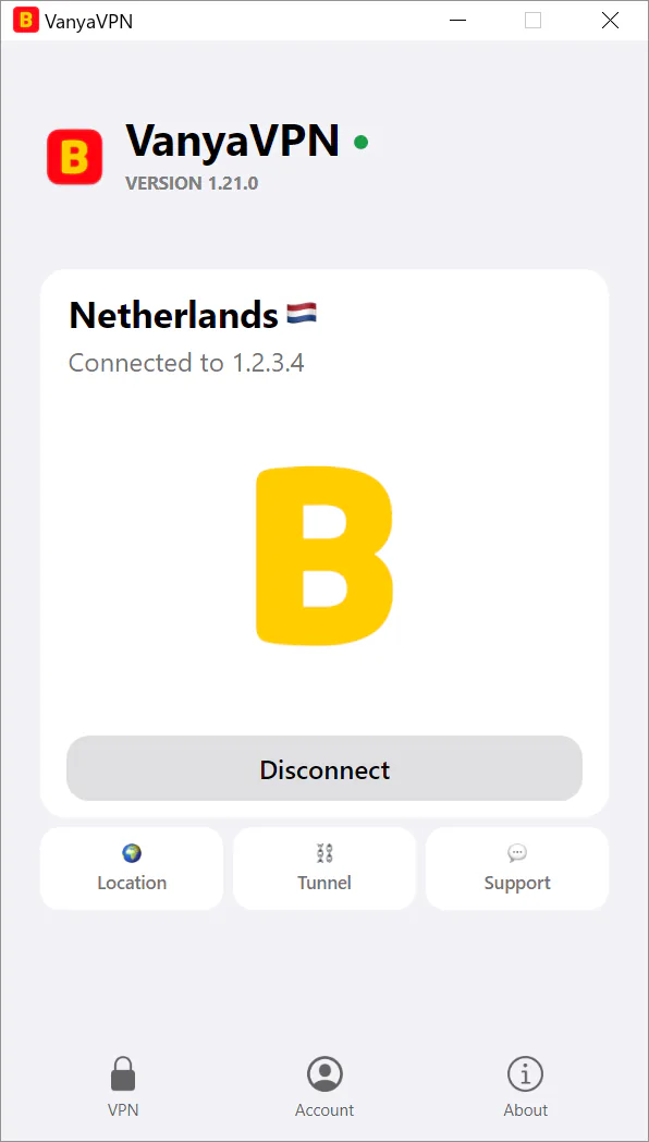 VanyaVPN window on Windows 10, connected to the Netherlands