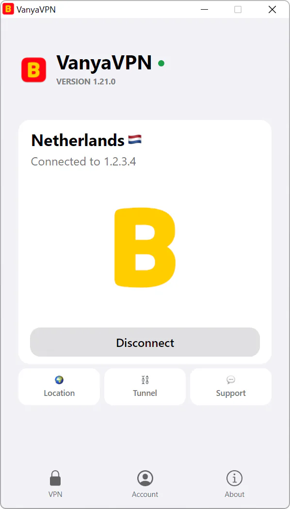 VanyaVPN window on Windows 11, connected to the Netherlands